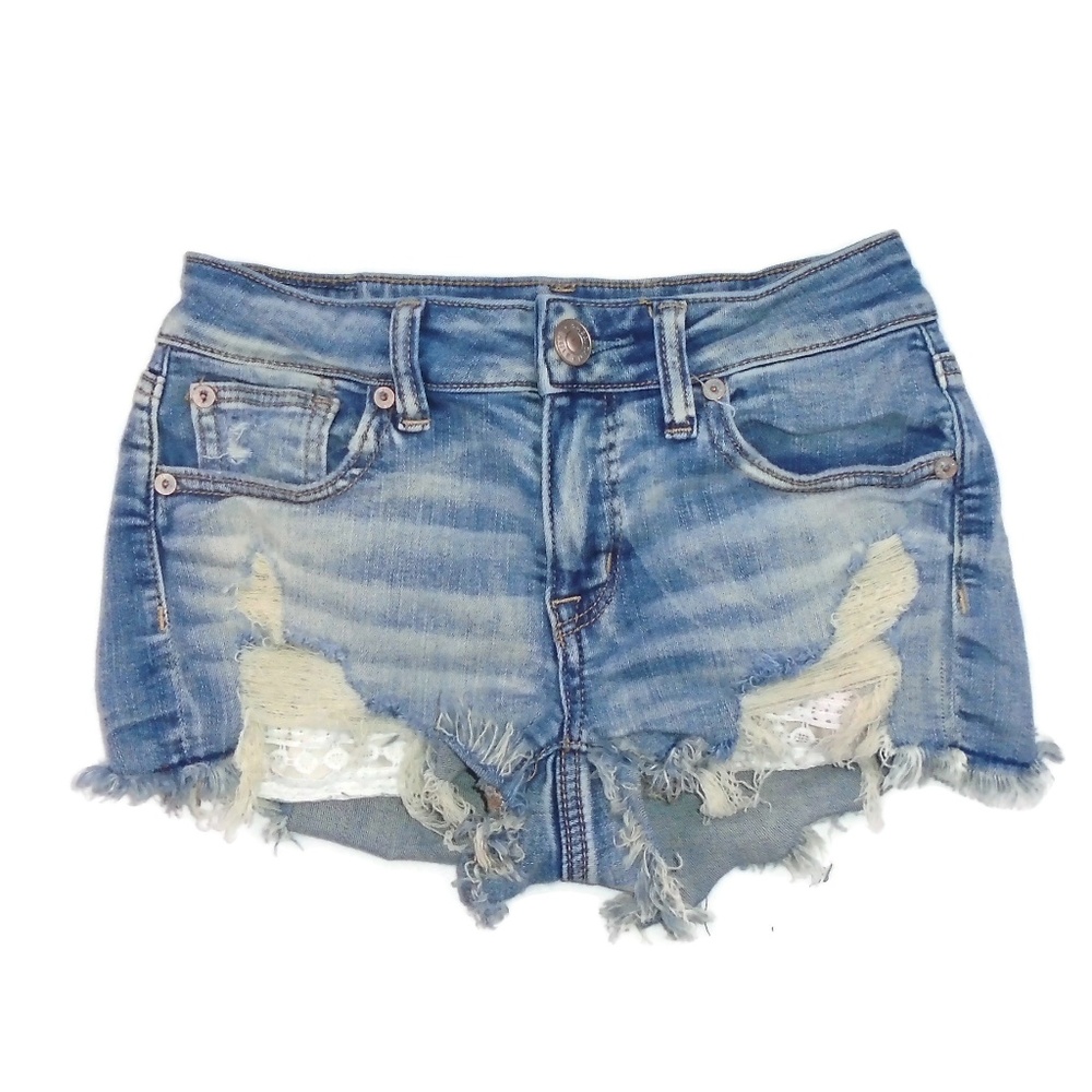 AEO Next Level Stretch Lace Peek Destroyed Shorts